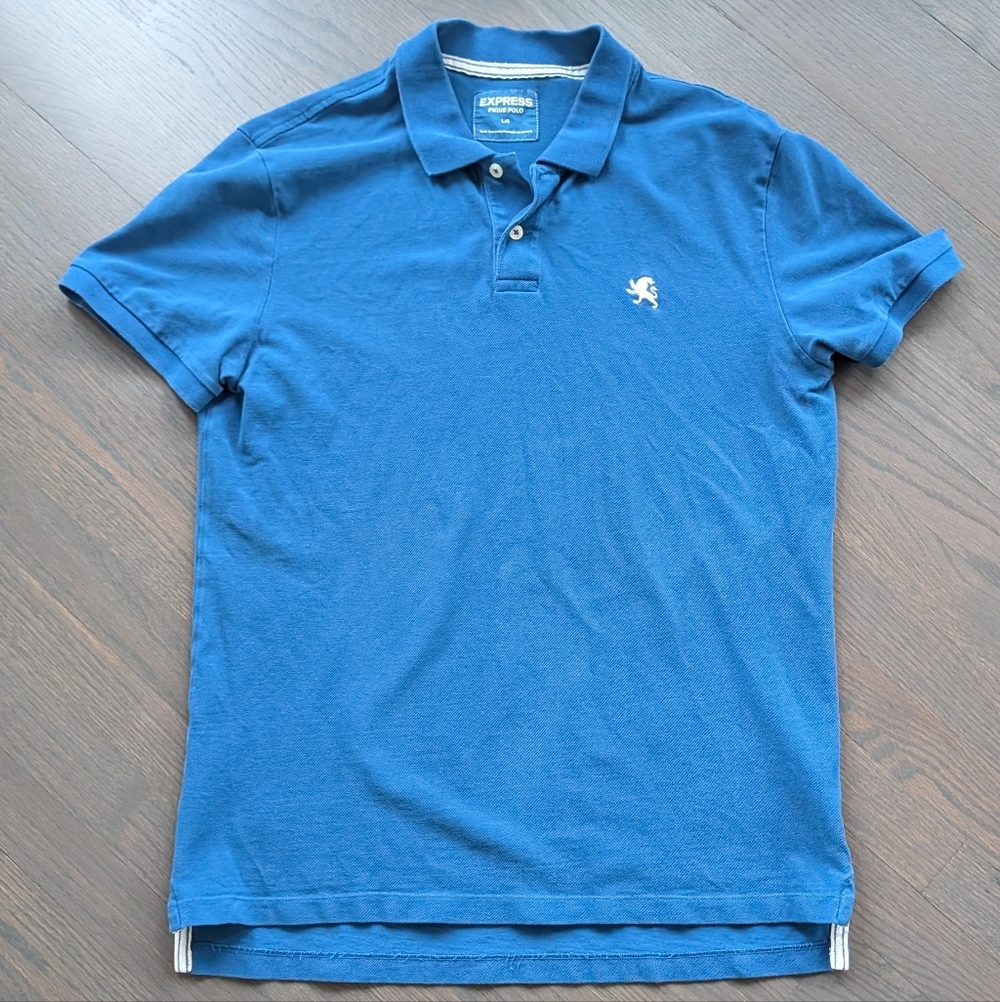 Express Men's Short Sleeve Pique Polo Shirt Blue, Embroidered Lion Logo - Large